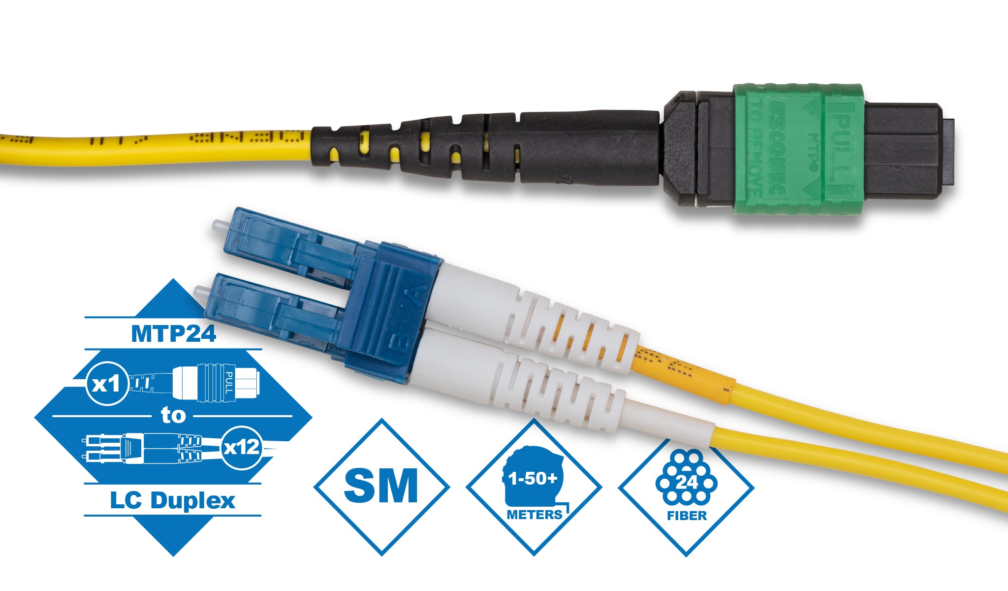24 Fiber MTP to 12 x LC OS2 9/125µm Single-mode Breakout Cable