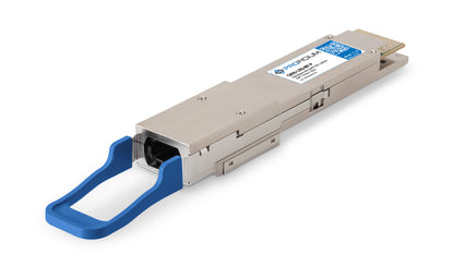 Proficium Q800-LR8-MP optical transceiver with blue pull tab on a white background