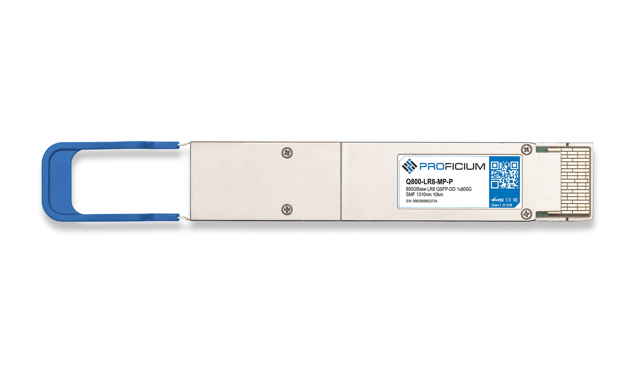 Proficium Q800-LR8-MP optical transceiver with blue pull tab on a white background