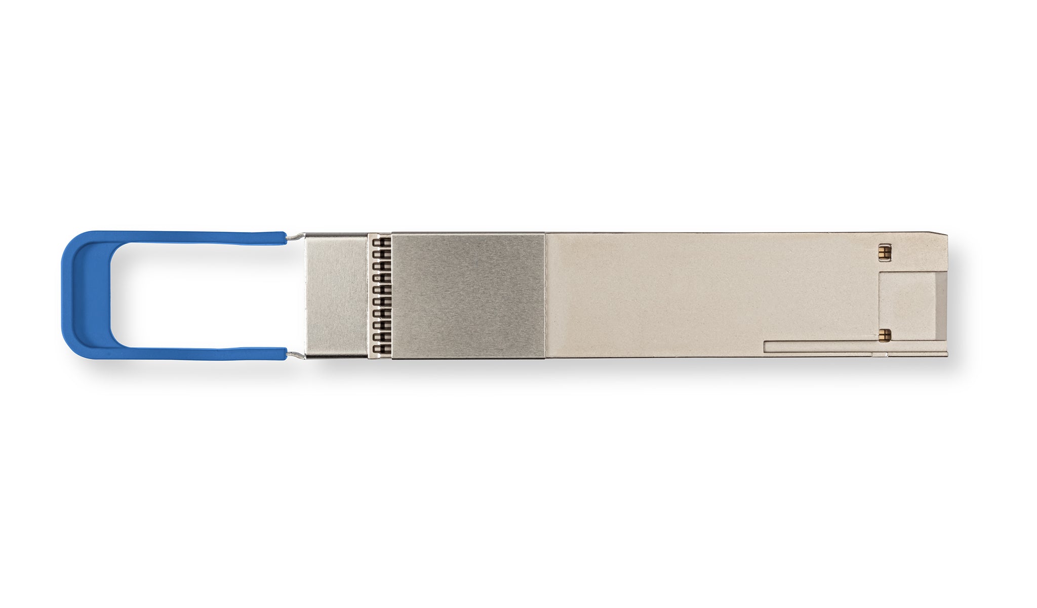 Proficium Q800-LR8-MP optical transceiver with blue pull tab on a white background
